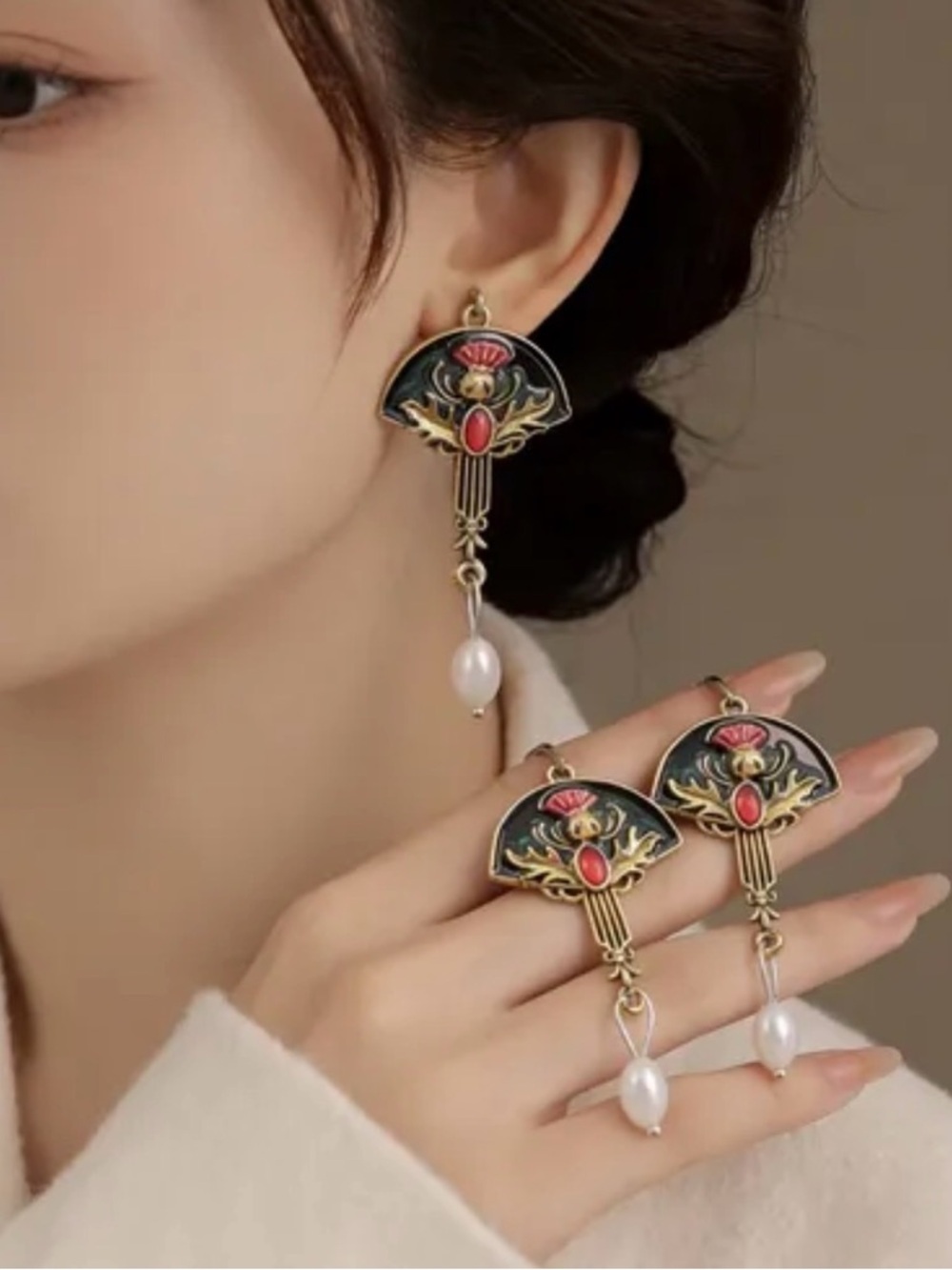 Retro Fan-shaped Inlaid Gem Earrings Faux Pearl Drop